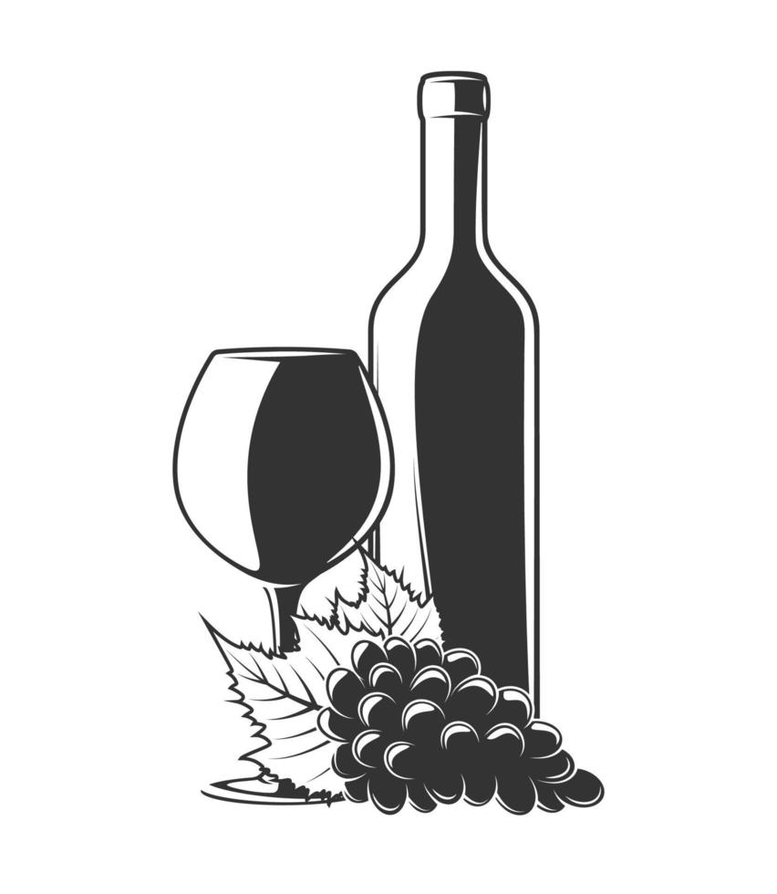 Bunch of grapes, bottle and glass of wine vector