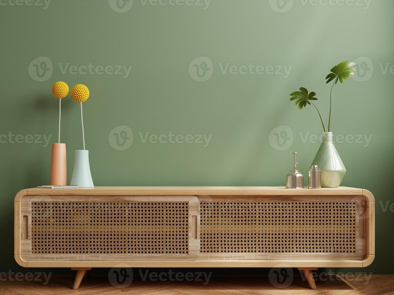 Simple minimal cabinet for tv interior green wall mockup. photo