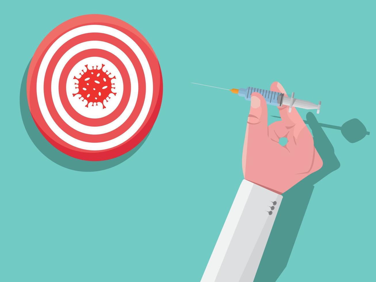 Virus icon behind the red circular dart board. Throwing vaccination needles in the middle of the dartboard. Vaccination message. Hit the virus exactly 10 from the modern design. vector