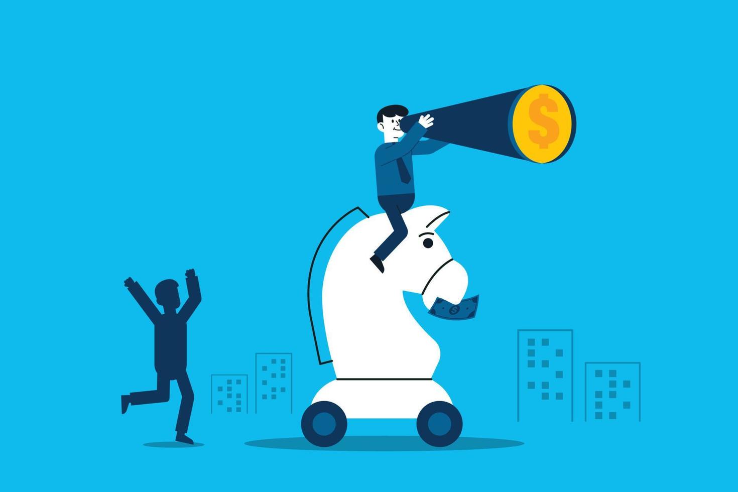 Businessman on top of piece using telescope looking for success, opportunities, future business trends. Successful business strategy concept. vector