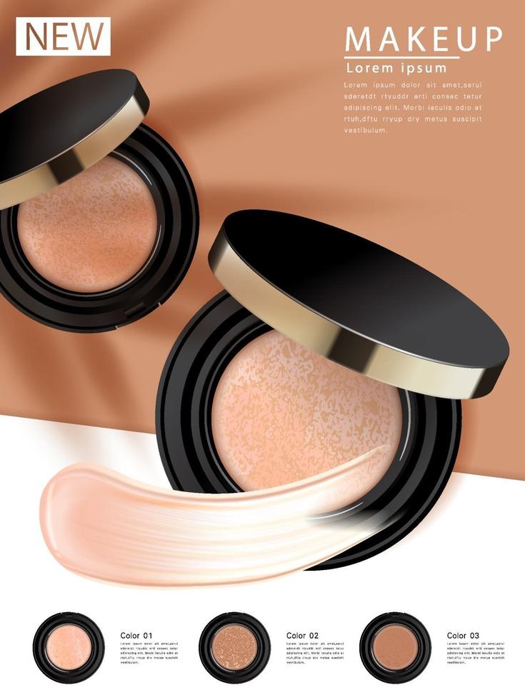 Compact foundation ads, attractive makeup essential product with texture isolated on background, 3d illustration vector