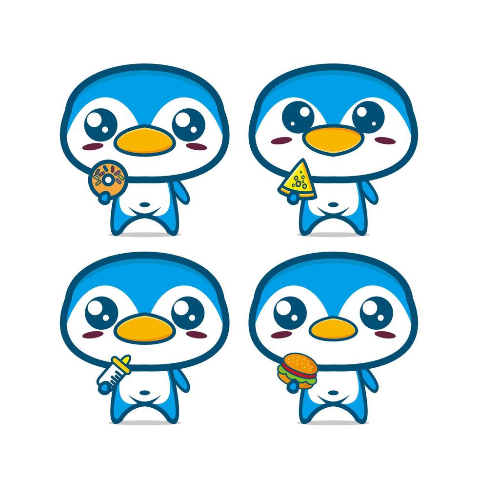 colección de juegos de pingüinos con comida. ilustración vectorial de la mascota del personaje de la cara de caricatura plana. Aislado en un fondo blanco. lindo personaje pingüino mascota logo idea paquete concepto vector