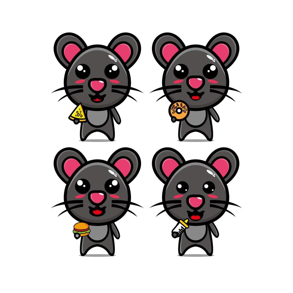 Collection of mouse sets holding food. Vector illustration of flat cartoon face character mascot. Isolated on a white background. Cute zombie character mascot logo idea bundle concept