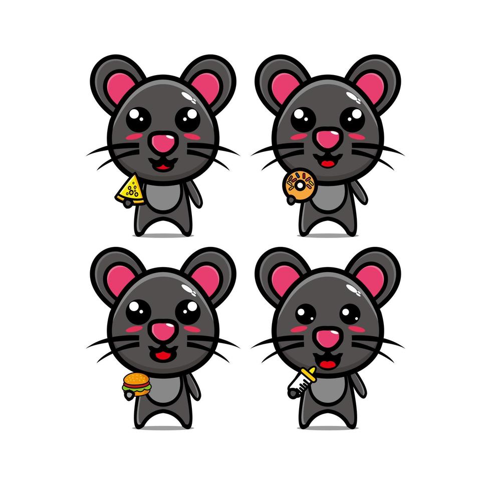 colección de juegos de ratones con comida. ilustración vectorial de la mascota del personaje de la cara de caricatura plana. Aislado en un fondo blanco. lindo concepto de paquete de idea de logotipo de mascota de personaje zombie vector