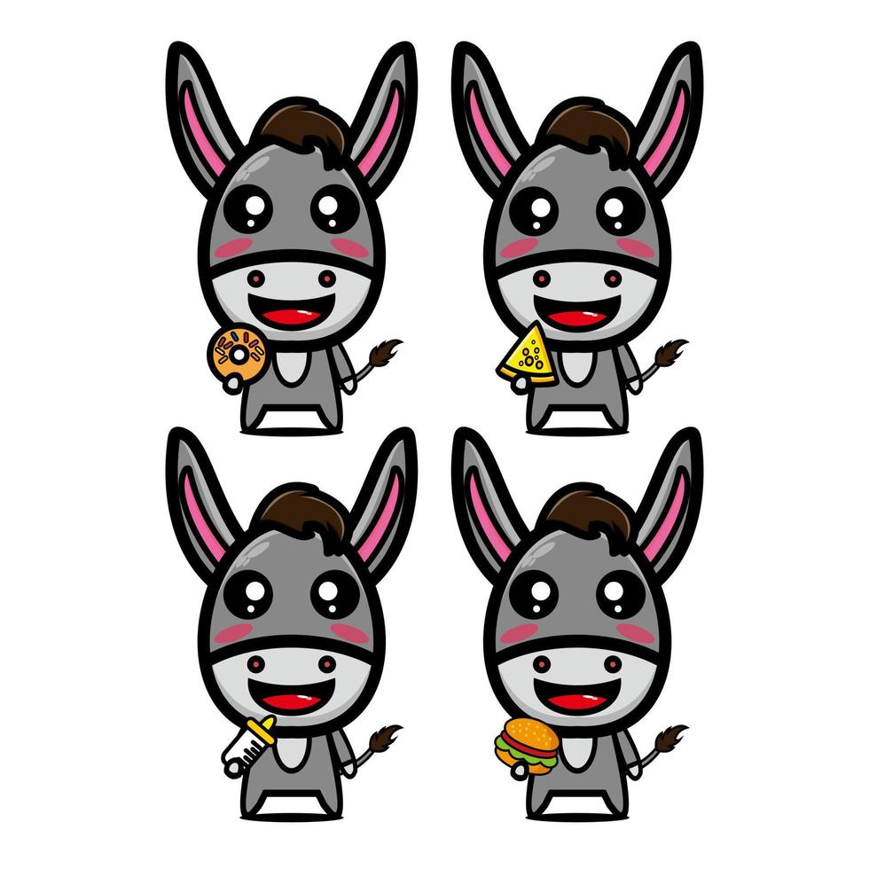 Collection donkey sets holding food. Vector illustration flat style cartoon character mascot. Isolated on white background. Cute character donkey mascot logo idea bundle concept