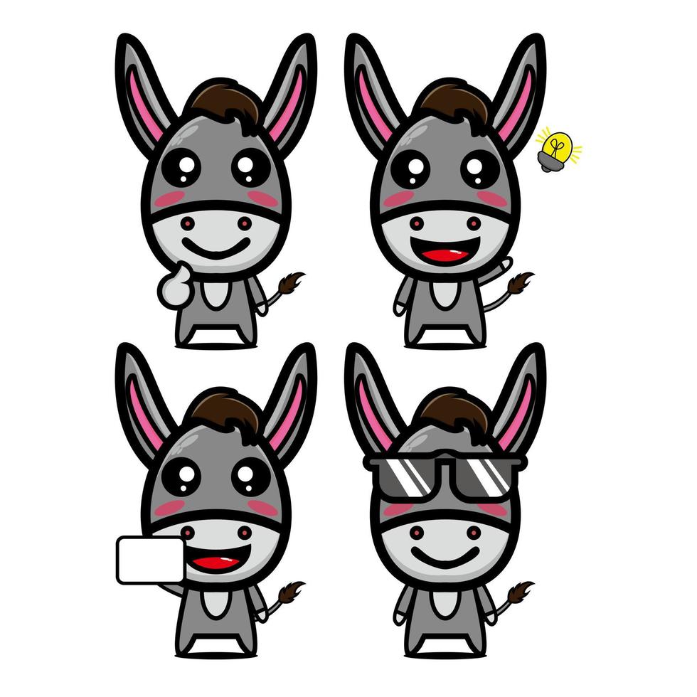 linda colección de juegos de burros. ilustración vectorial burro mascota personaje estilo plano dibujos animados. aislado sobre fondo blanco. lindo personaje burro mascota logo idea paquete concepto vector