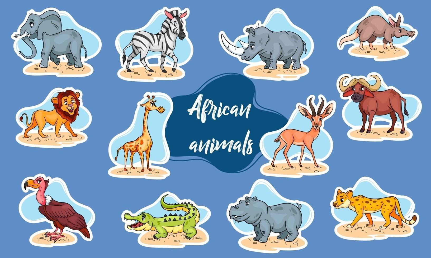 gran conjunto de animales africanos. divertidos personajes de animales en pegatinas de estilo de dibujos animados. vector