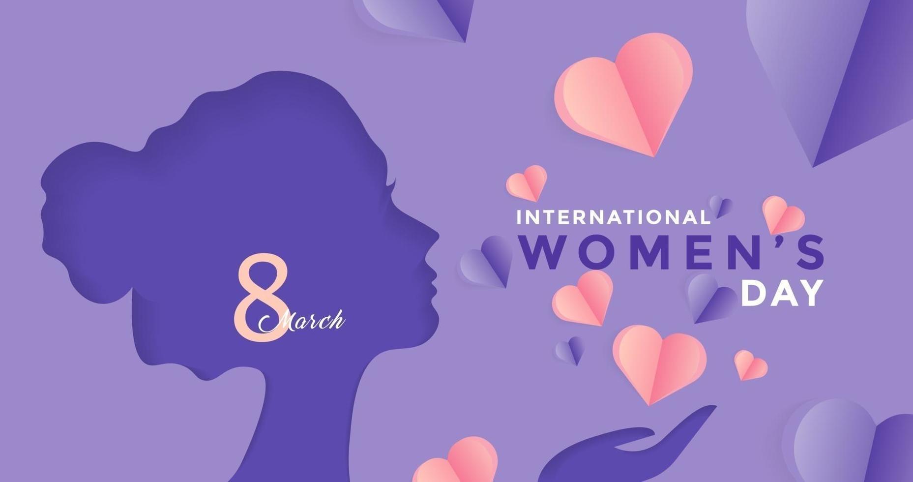 8 March International Women's Day Vector Illustration Concept. Paper Cutout Girl Face with Pink and Purple Love Illustration. Woman Head Illustration from Side View Happy Women's Day. Vector EPS 10