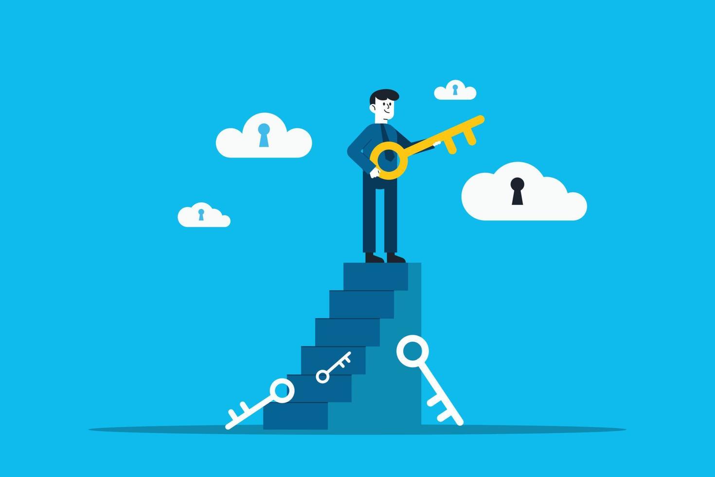 Key to business success, stairway to find secret key or achieve career target concept. businessman winner walk up to top of stairway lifting golden success key to the sky. vector