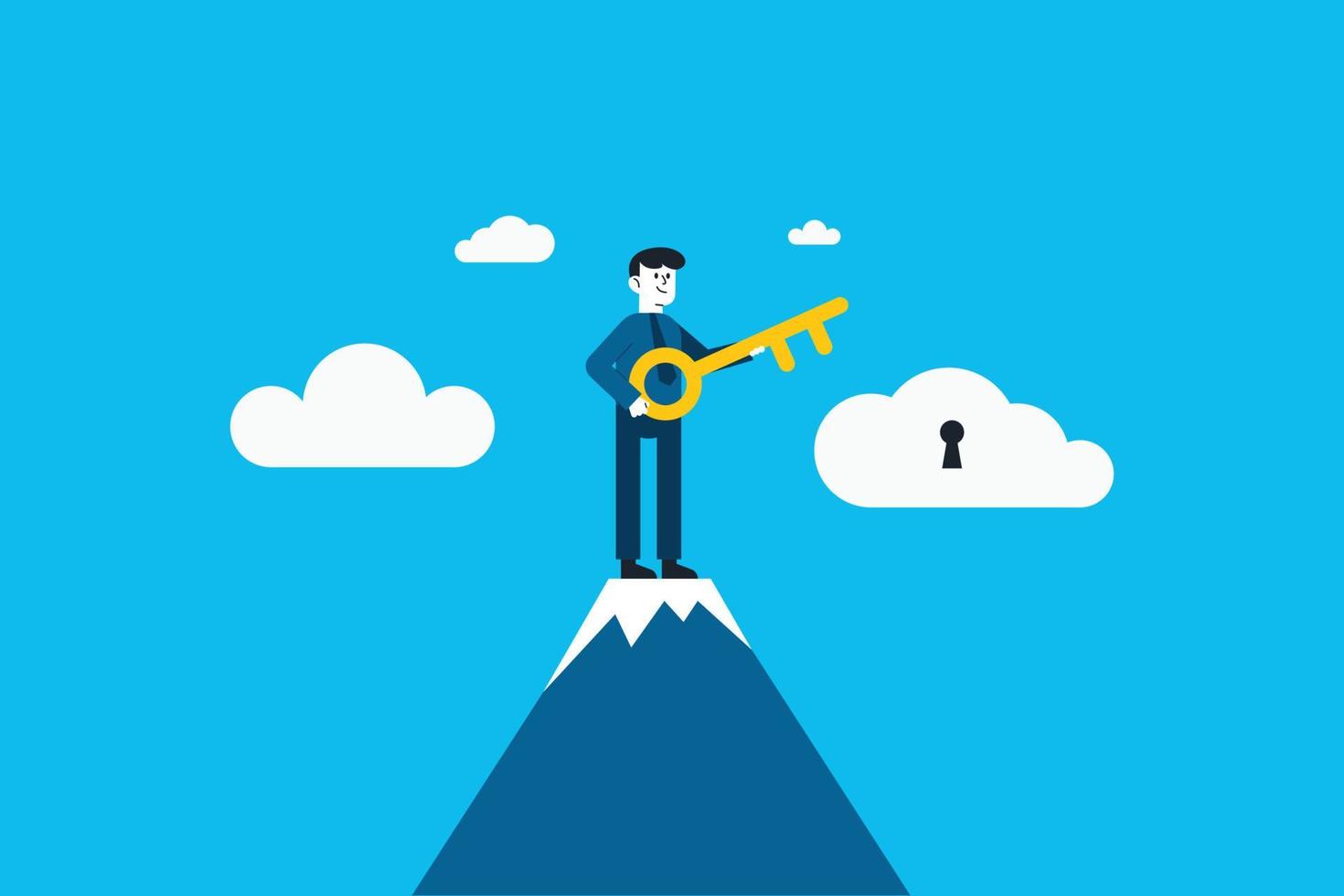 Businessman standing on top of mountain and holding golden key. Key to business success, Mountain to find secret key or achieve career target concept vector