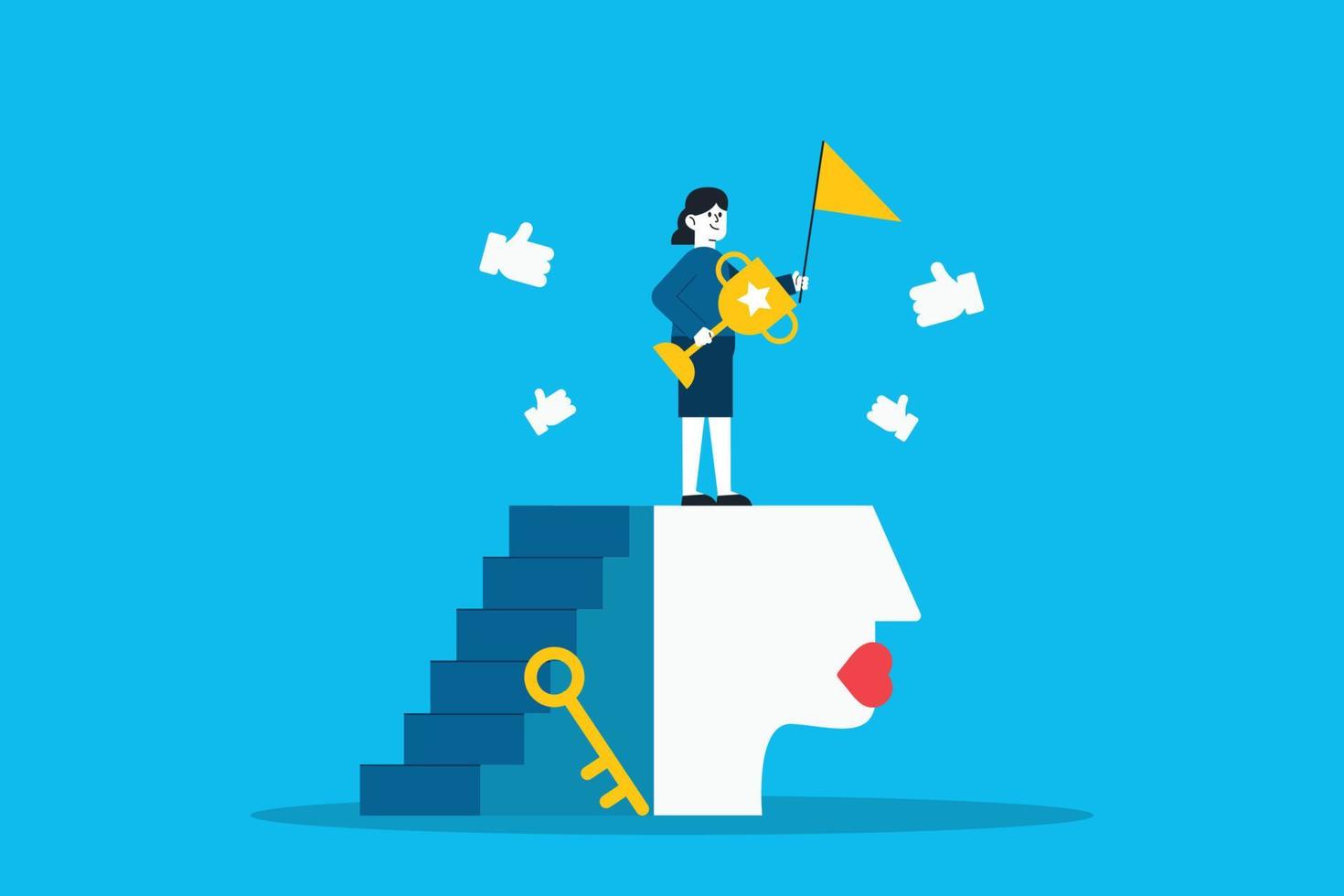 Success female entrepreneur, woman leadership or challenge and achievement concept, success businesswoman on top of career staircase holding winning flag looking for future visionary. vector