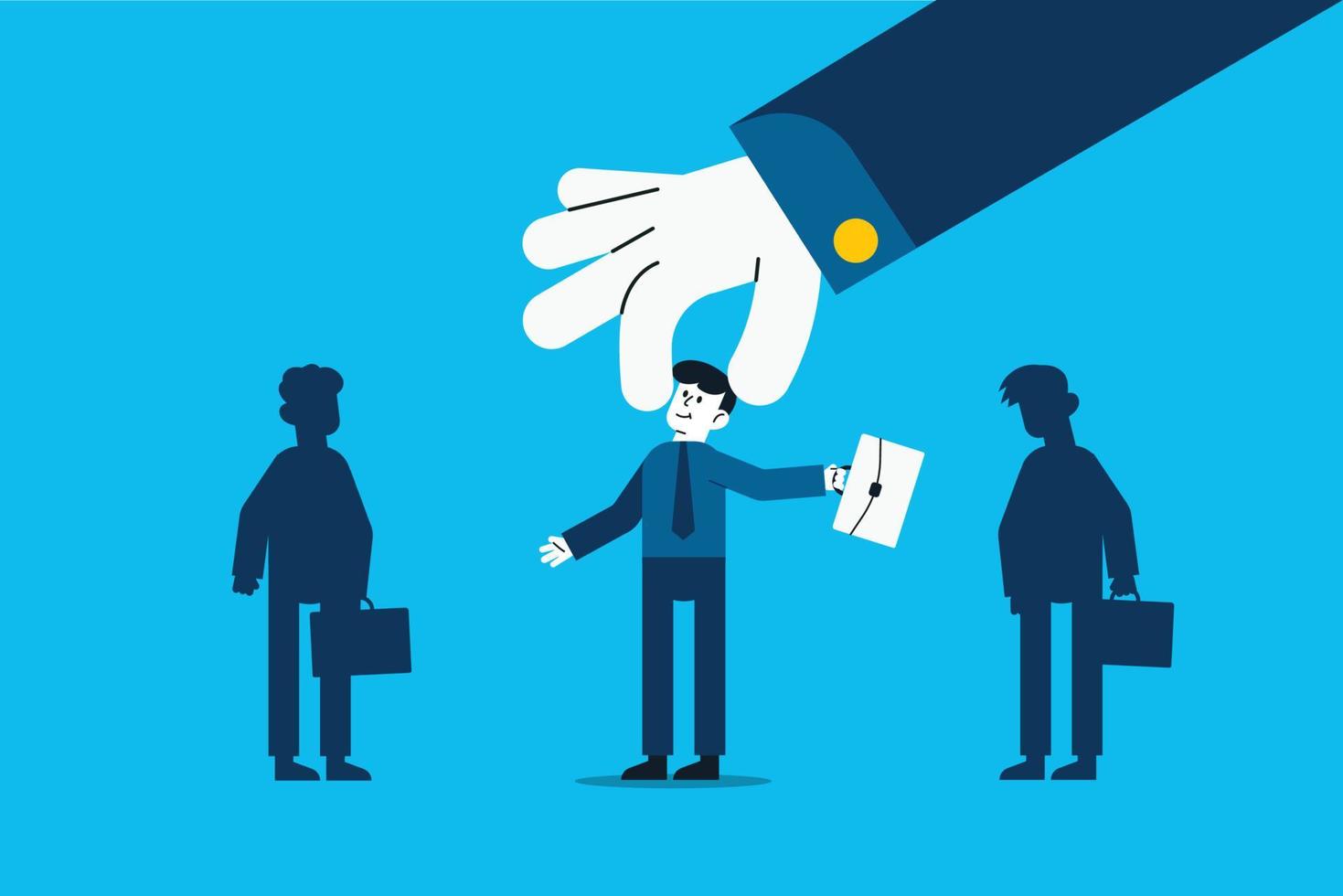 Human Resources concept. Giant hand choosing candidate for a job. vector