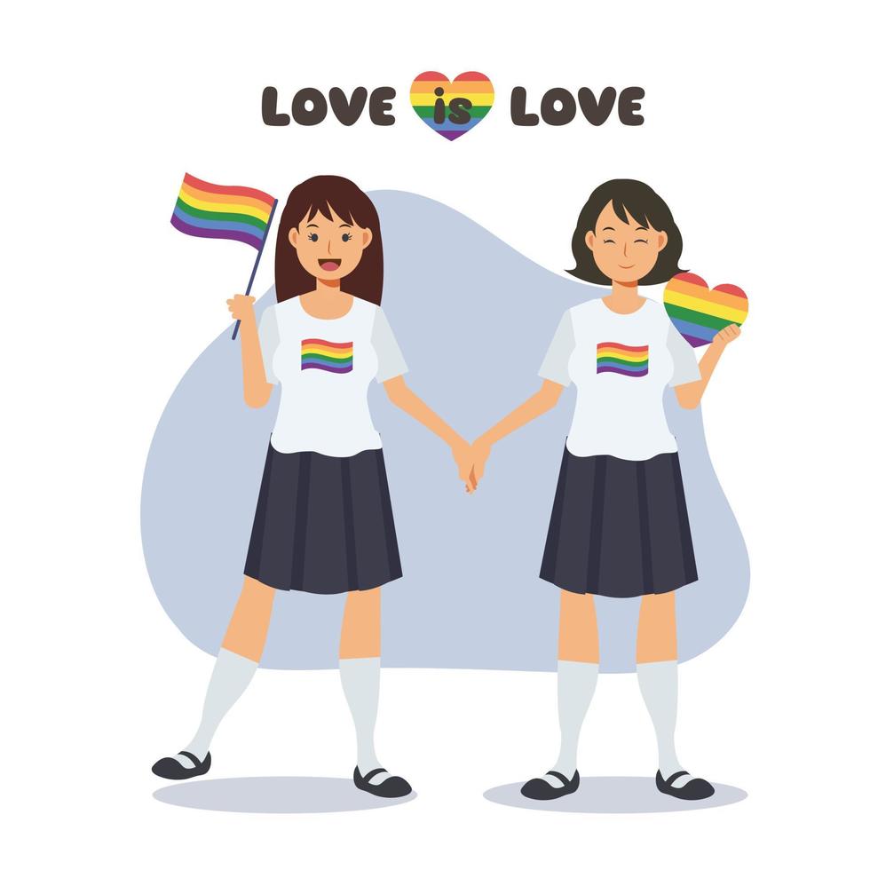 concepto de pareja lgbt o bisexual o matrimonio, amistad, amor y romance. dos mujeres jóvenes felices celebran el mes del orgullo juntas. ilustración de personaje de dibujos animados de vector plano.