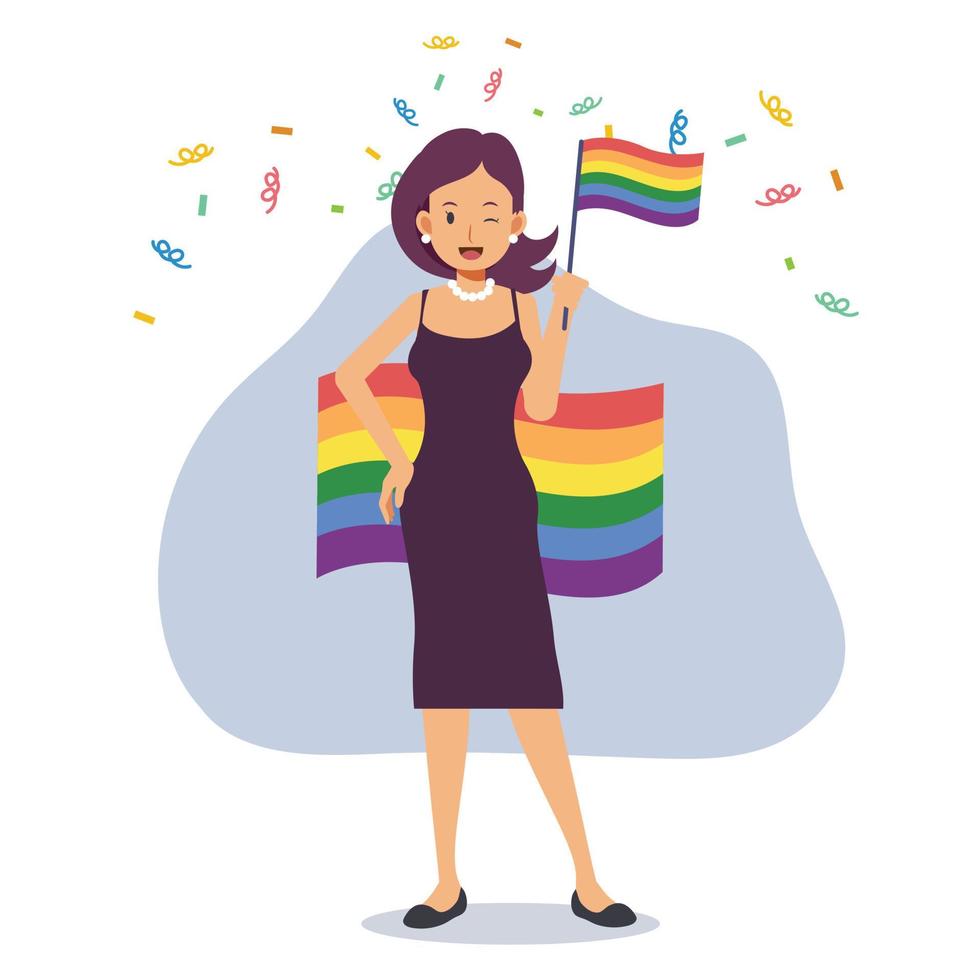 una mujer sostiene carteles con el arco iris lgbt y la bandera transgénero, celebra el mes del orgullo, los derechos humanos. igualdad y homosexualidad. ilustración de personaje de dibujos animados de vector plano.