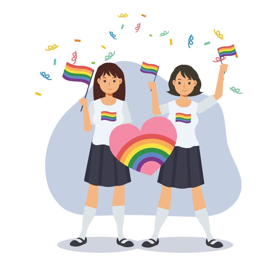 Two happy young woman hold signs with lgbt rainbow and transgender flag ,celebrate pride month ,human rights. Equality and homosexuality.Flat vector cartoon character illustration.
