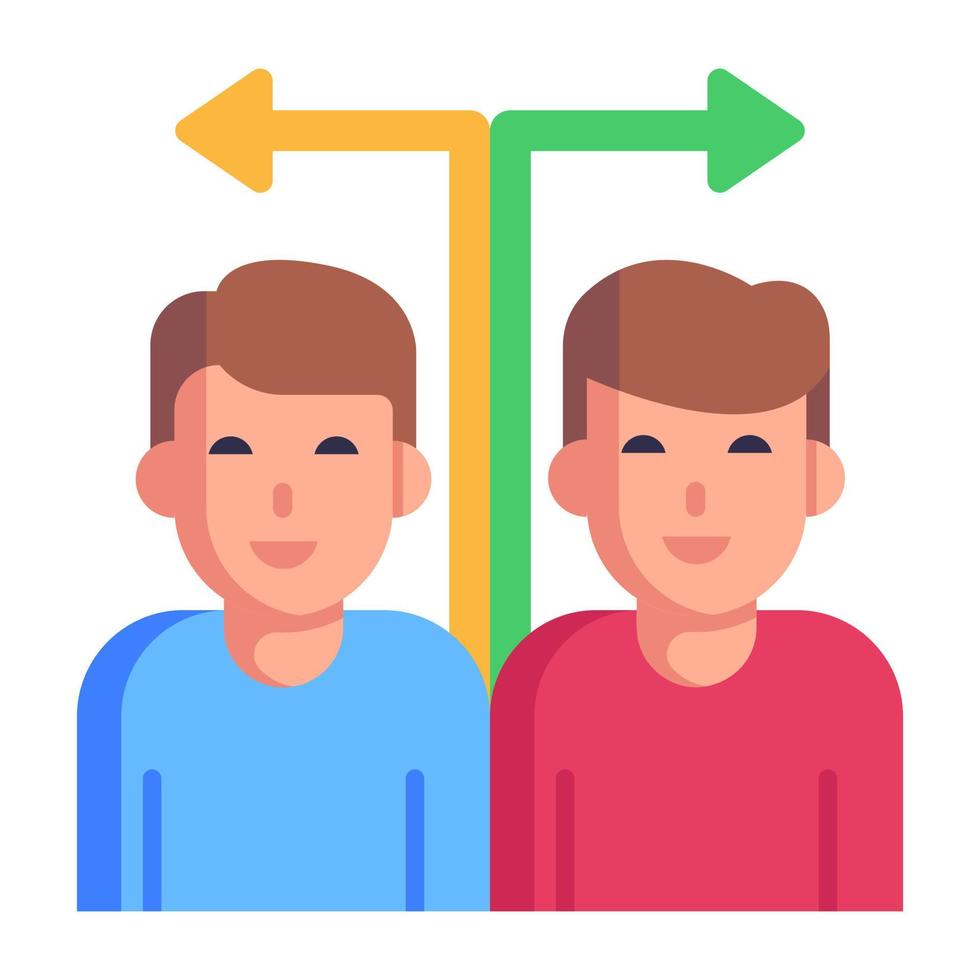 Persons with different directional arrows, concept of disagreement, flat icon vector