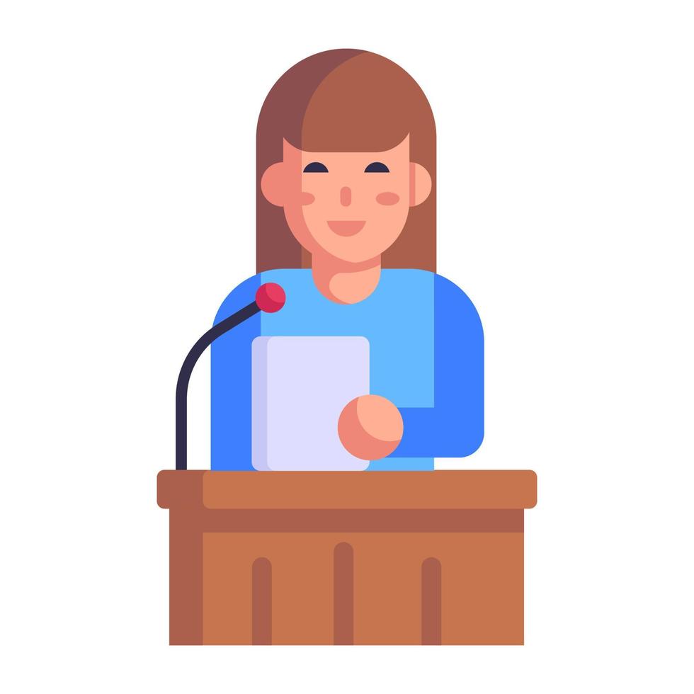 Girl standing infront of rostrum, flat icon of court speech vector