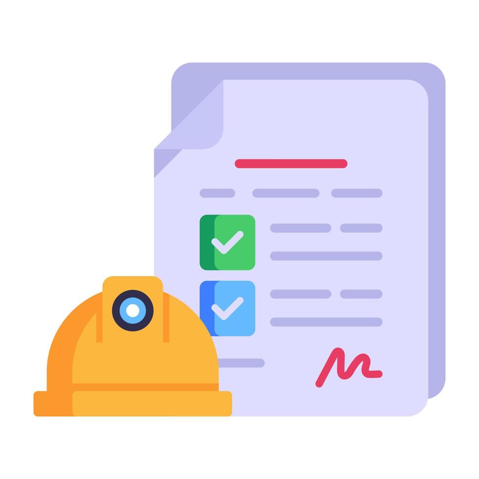 Document and engineer cap, concept of construction contract flat icon vector