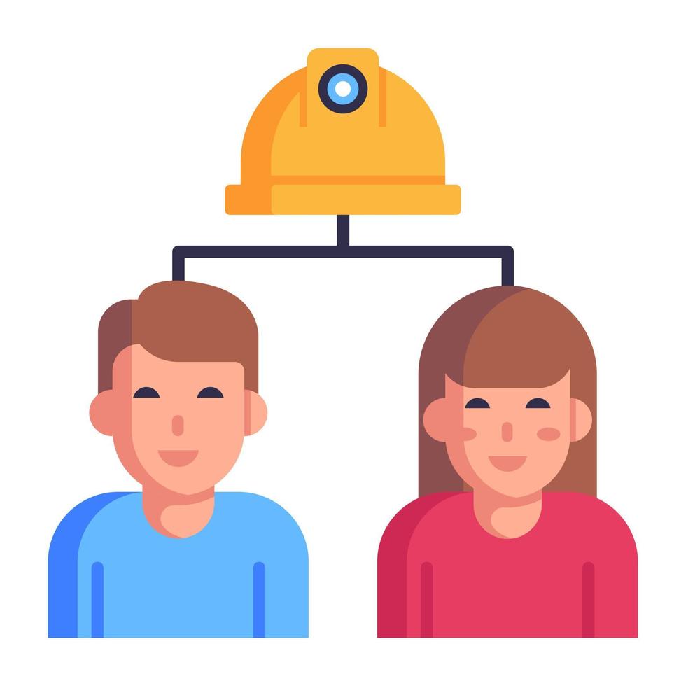 Persons connected with a hard cap, flat icon of builders network vector