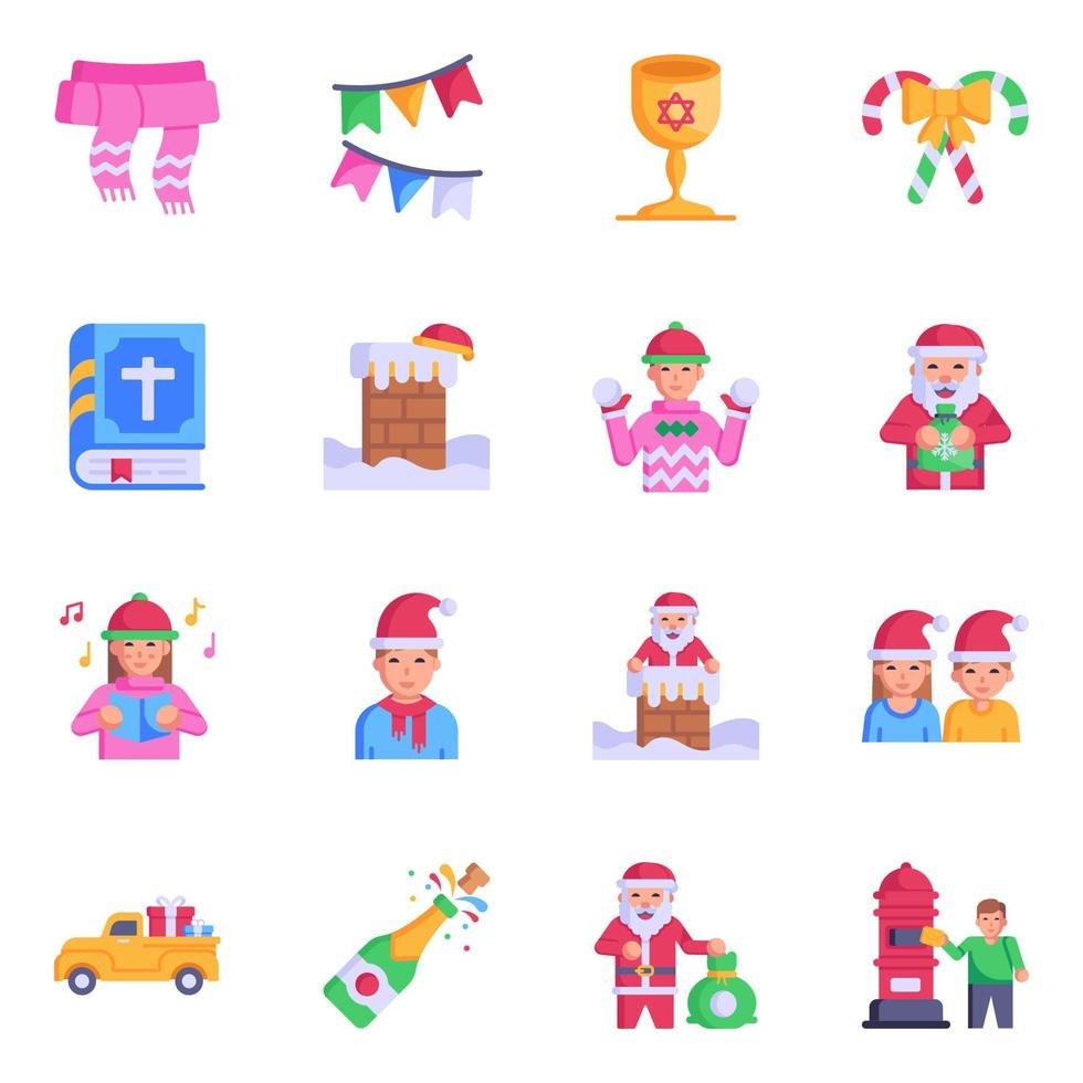 paquete de iconos planos de navidad y año nuevo de moda vector