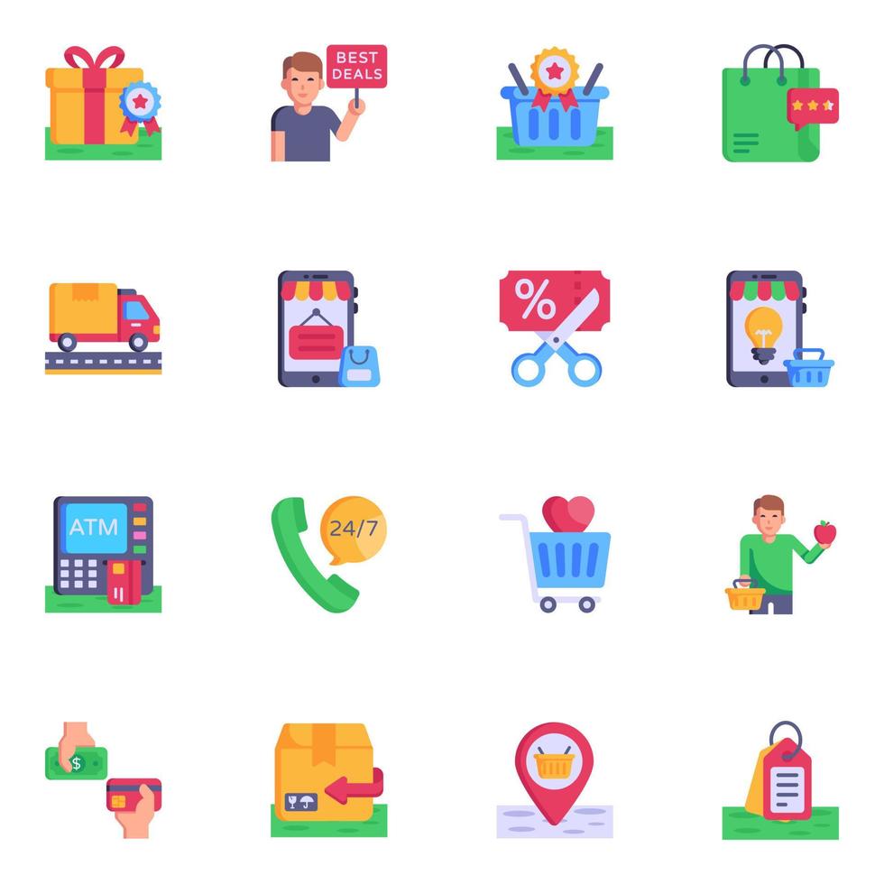 conjunto de comercio electrónico en iconos planos vector