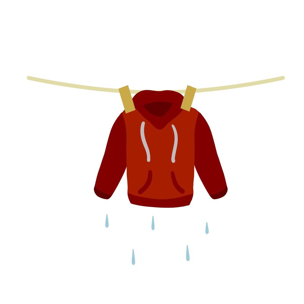 Clothes dried on rope. Laundry and home cleaning. Wet red jacket vector