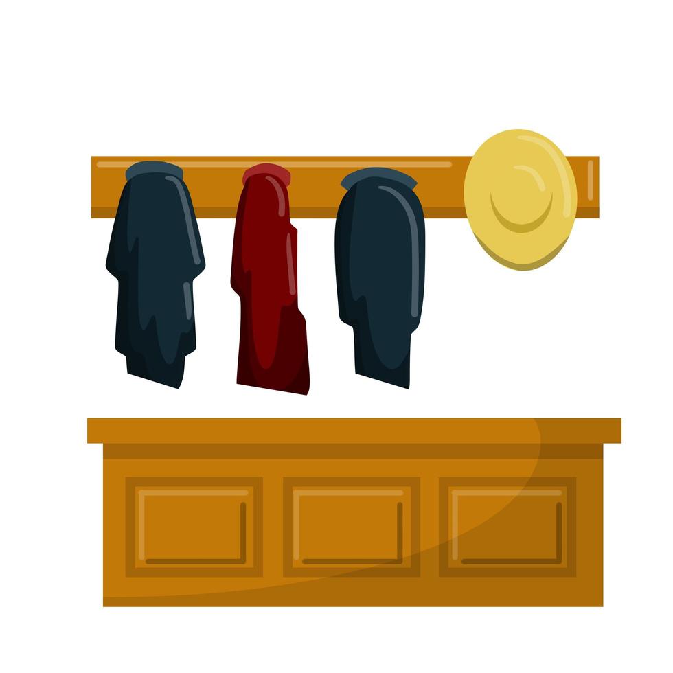 Wardrobe in locker room. Clothing and hat in cloakroom. vector