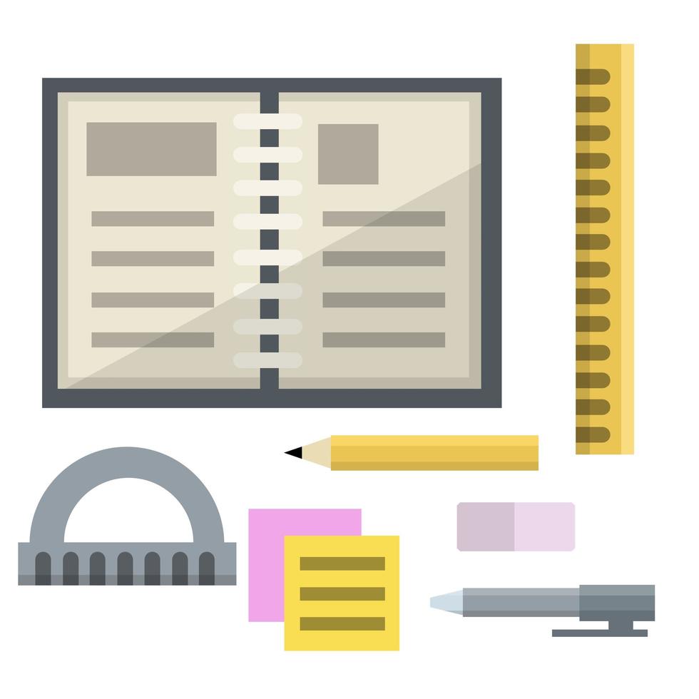 Set of school tools. Notepad, pen, ruler, pencil, and protractor. vector