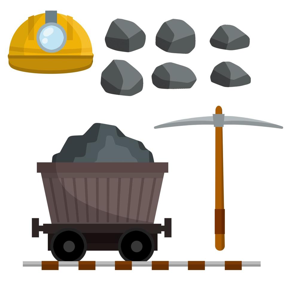 Set of objects of miner. Extraction of minerals in quarry, pit. vector