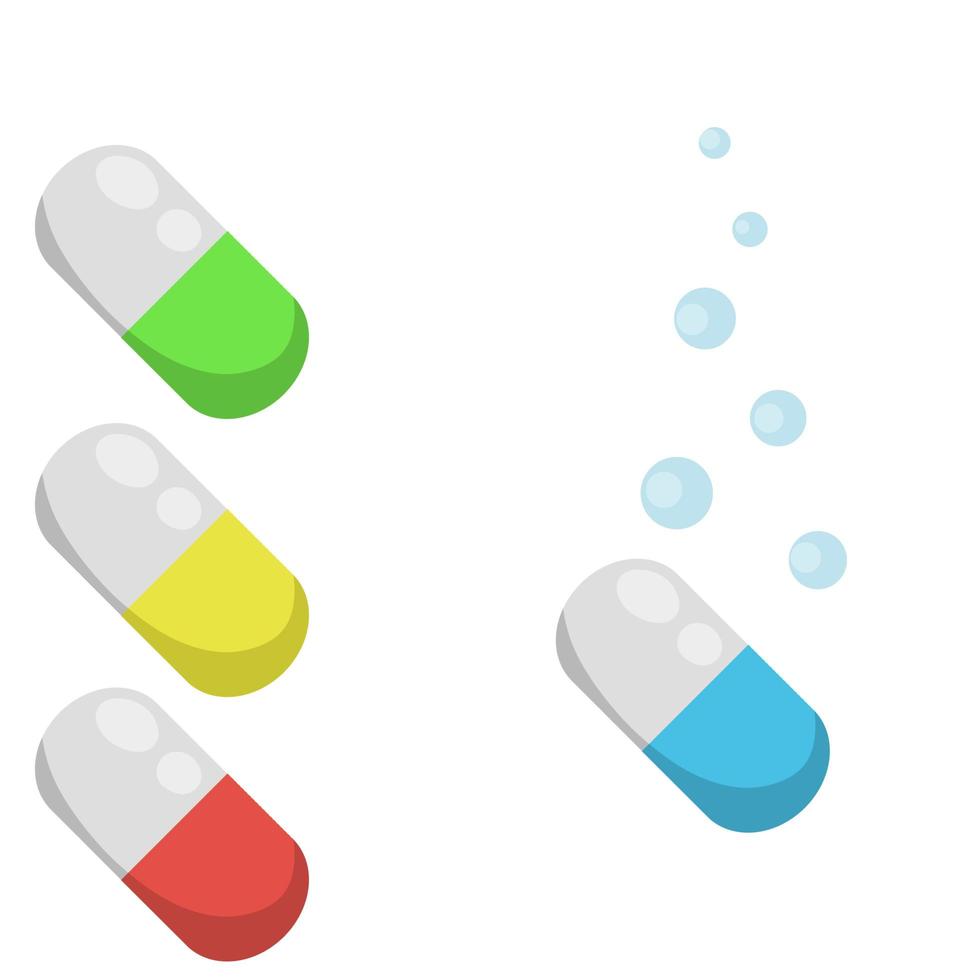 Set of tablets. Red, blue, green, yellow capsule. Dissolution of drug. vector