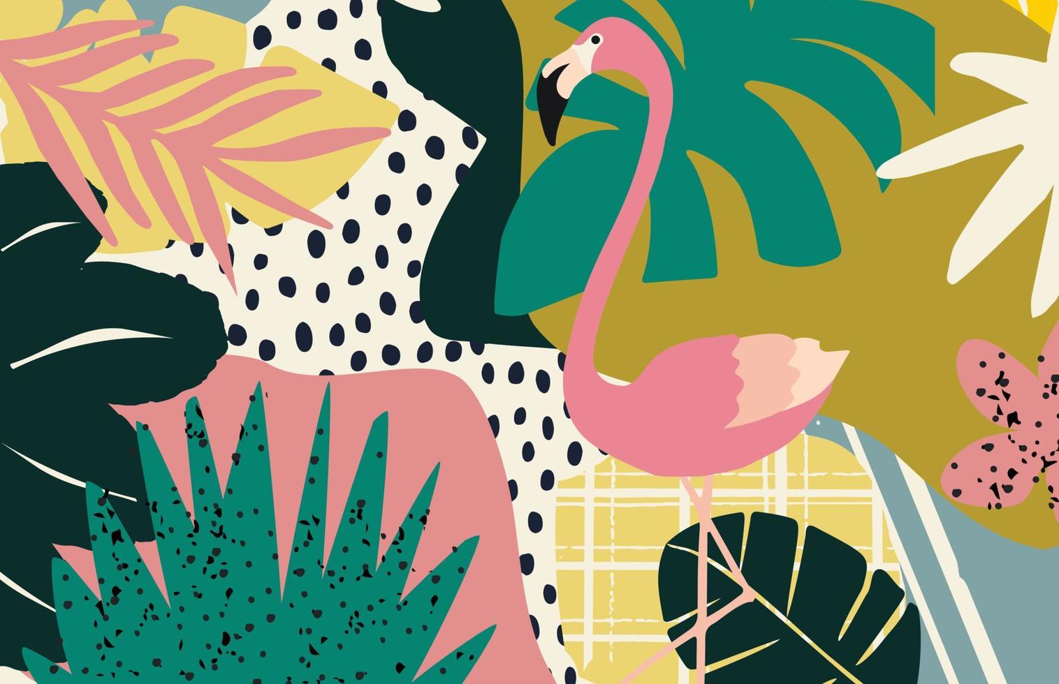 Tropical flowers and leaves poster background with flamingos. Colorful summer vector illustration design. Exotic tropical art print for travel and holiday, fabric and fashion