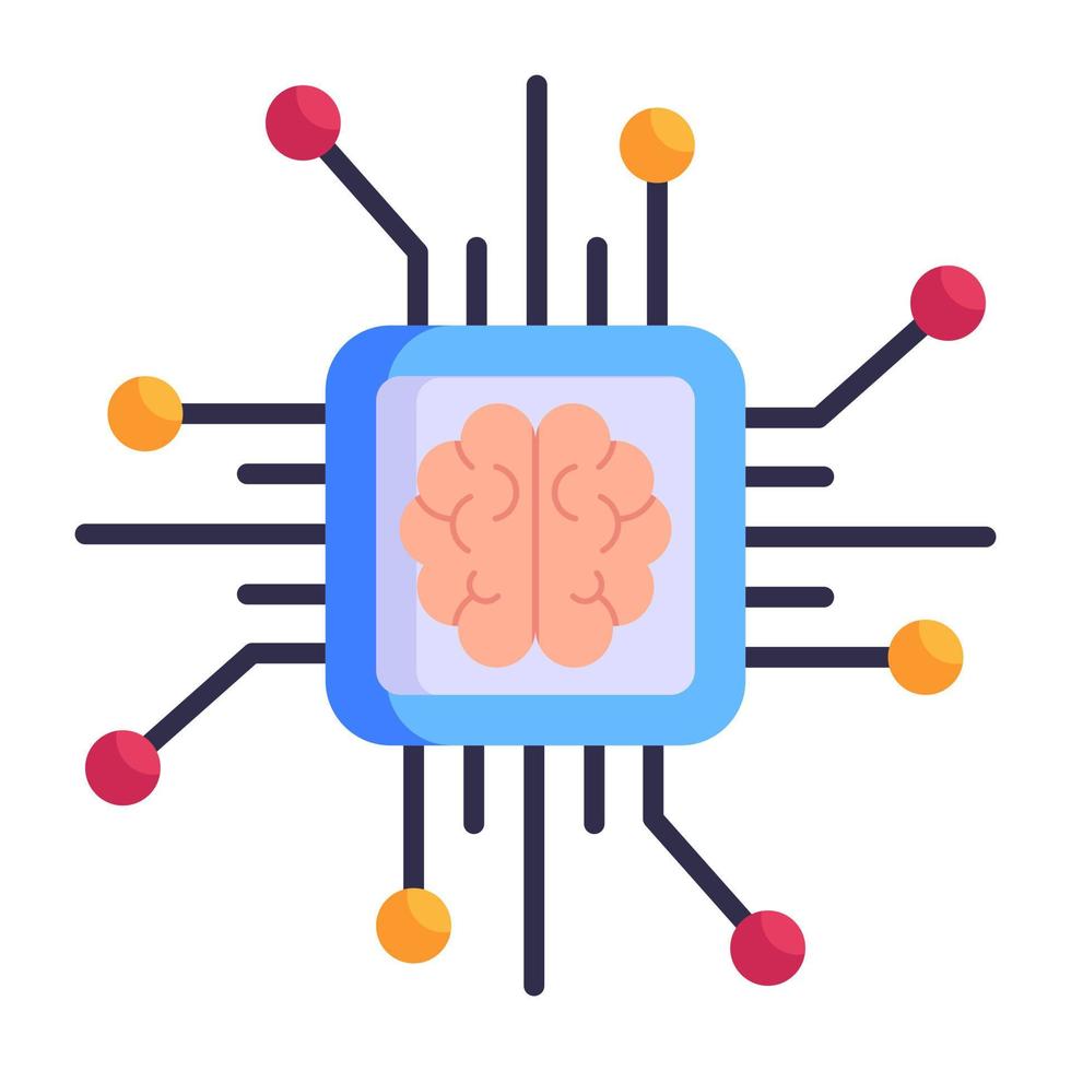 Brain with microchip, flat icon of ai processor vector