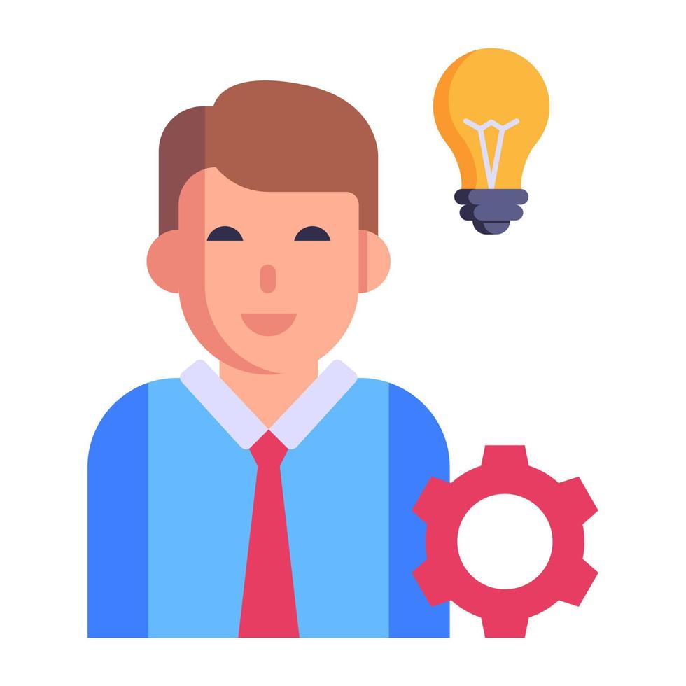 Person with bulb and cogwheel, concept of business intelligence flat icon vector