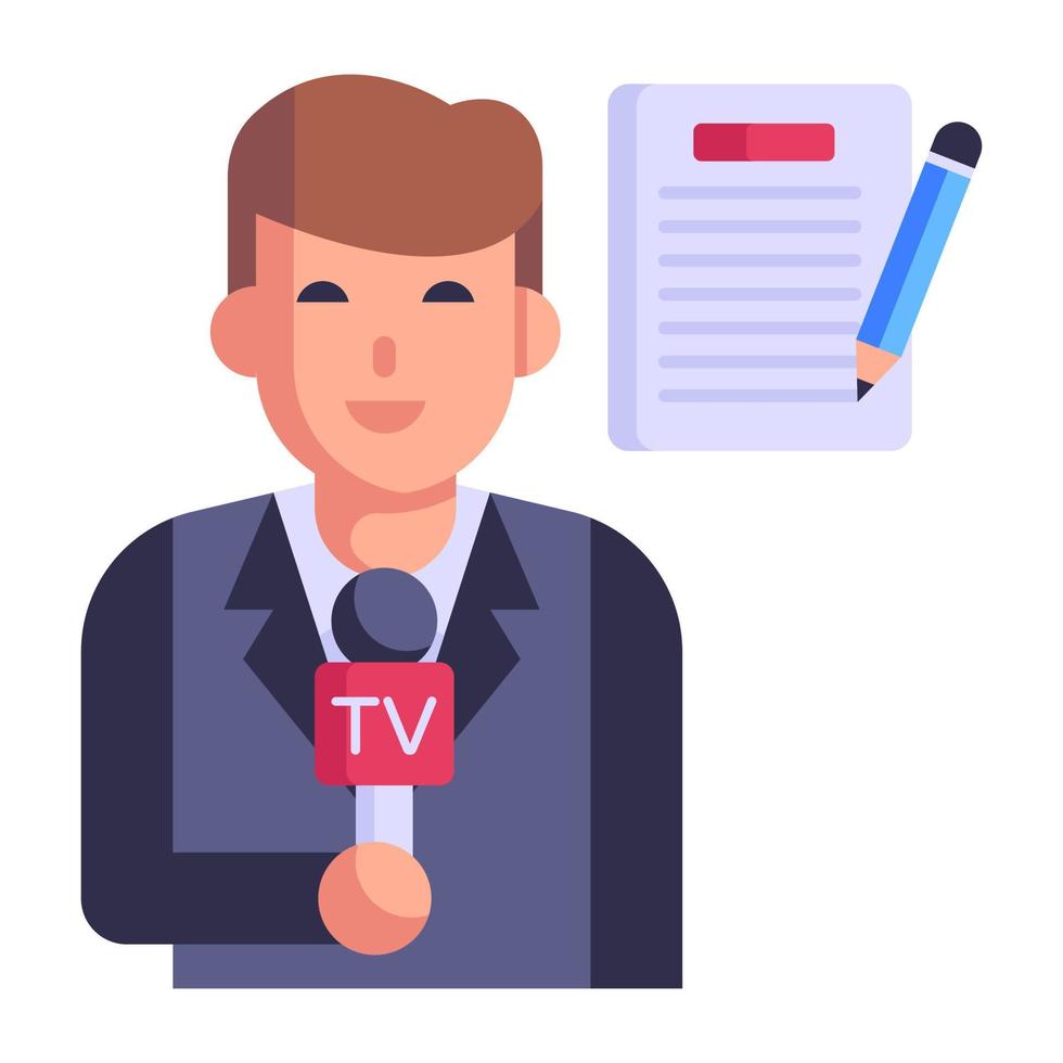 Person holding mic, flat icon of journalist vector