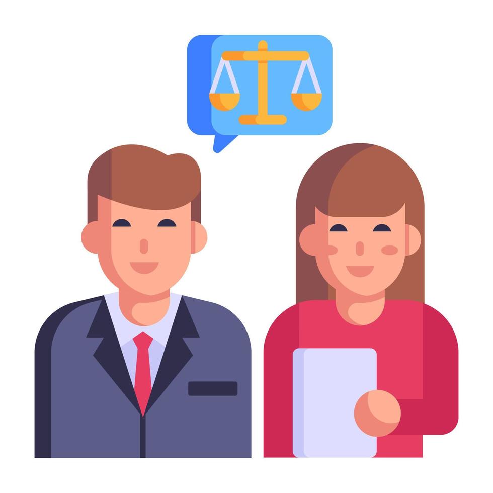 Girl talking with lawyer, flat icon of legal consultation vector