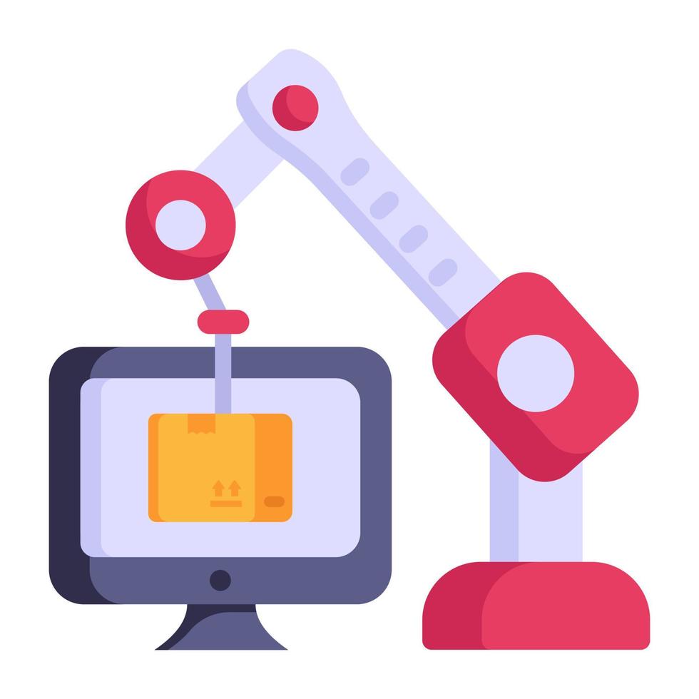 Manufacturing assembly line, flat icon of robot packaging vector