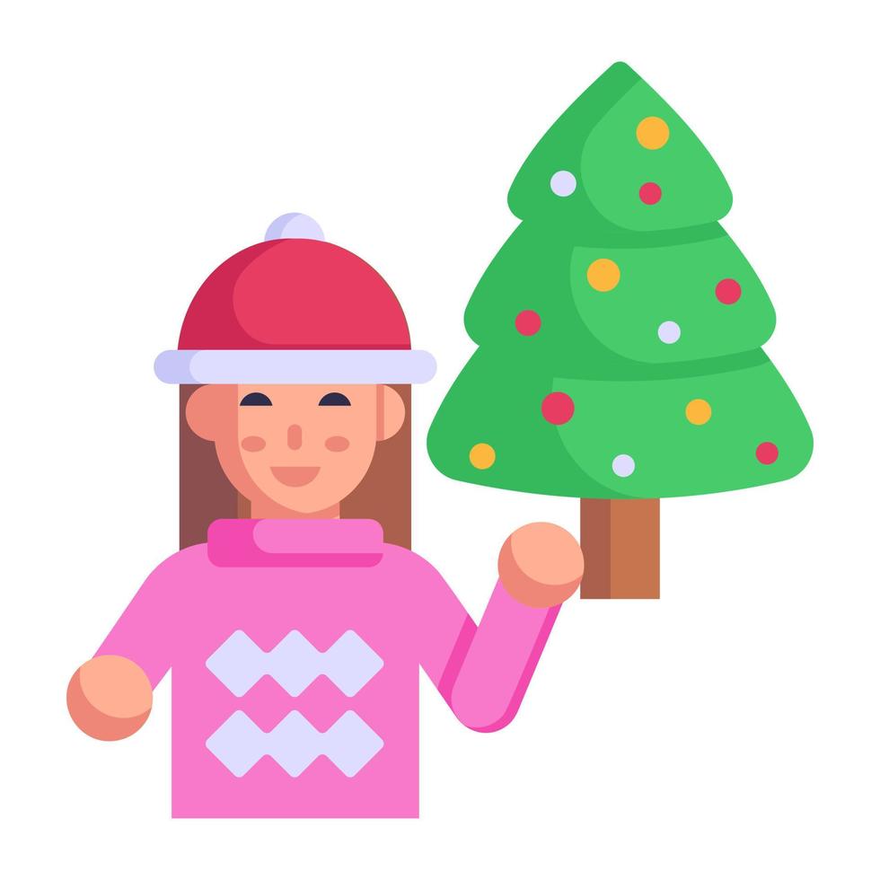 un árbol de navidad con un niño, icono plano vector