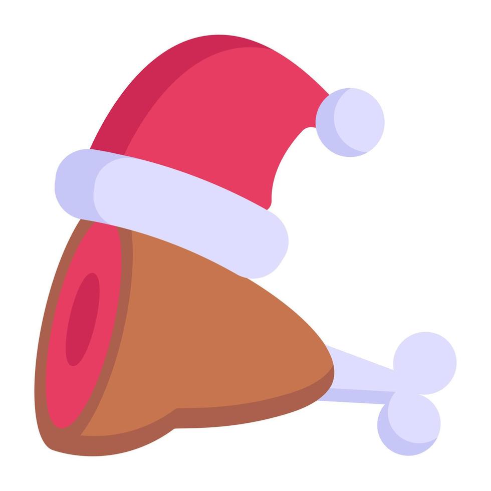 Cute santa cap over meat, flat icon of christmas ham vector