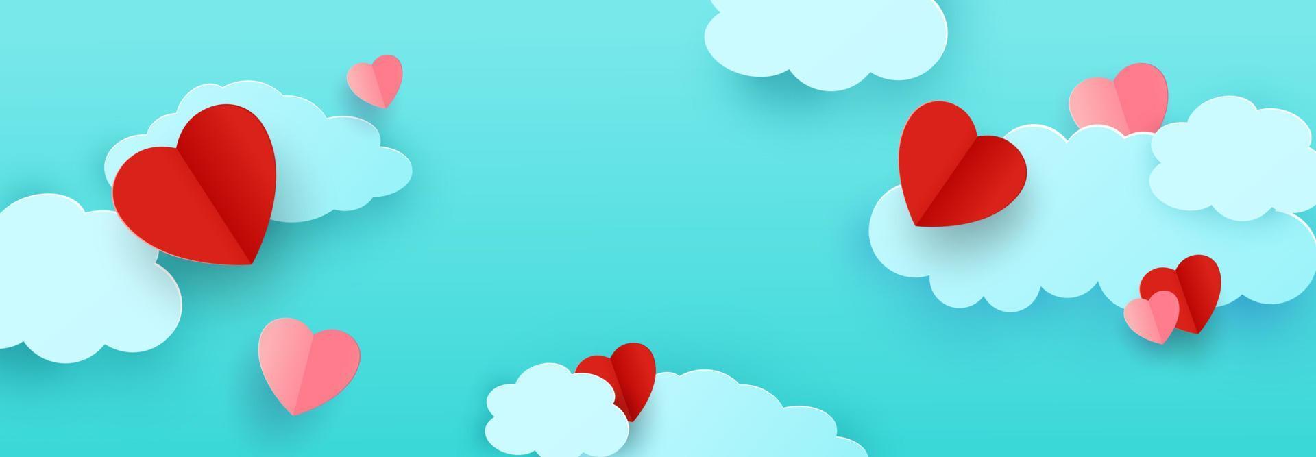 banner horizontal con nubes cortadas en papel y corazones voladores en el cielo azul, artesanía cortada en papel. lugar para su texto. tarjeta de vacaciones, concepto de venta, plantilla de tipografía de cupón. vector