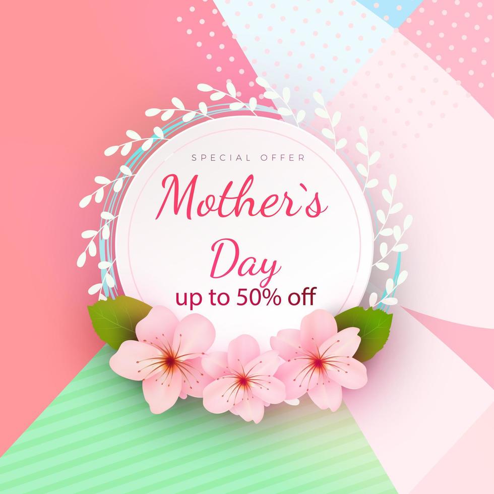 Mother s day card with beautiful blooming flowers on a gentle geometric background in pastel colors. Happy mother s day. Holiday sale. Vector illustration