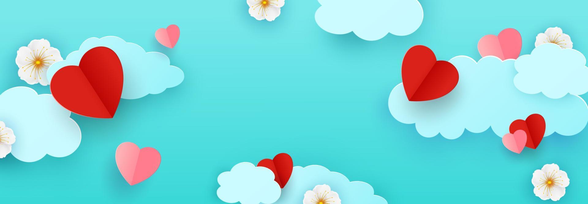 banner horizontal con nubes cortadas en papel y corazones voladores en el cielo azul, artesanía cortada en papel. lugar de flores de primavera para su texto. tarjeta de vacaciones, concepto de venta, plantilla de tipografía de cupón. vector