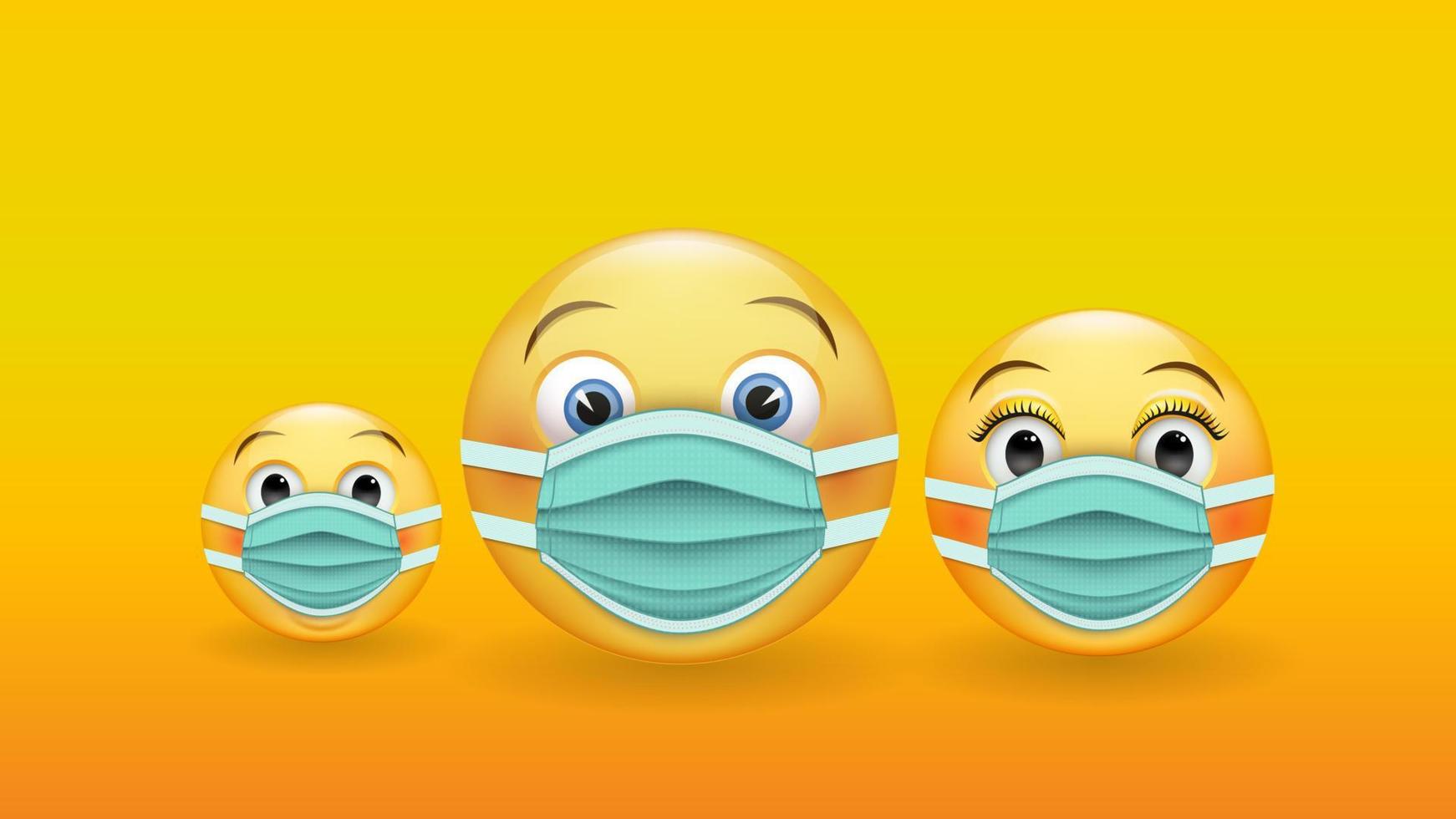 Be responsible and protected - a family of 3D yellow emoticons in medical masks. Wear a medical mask to prevent the spread of the disease. Vector illustration