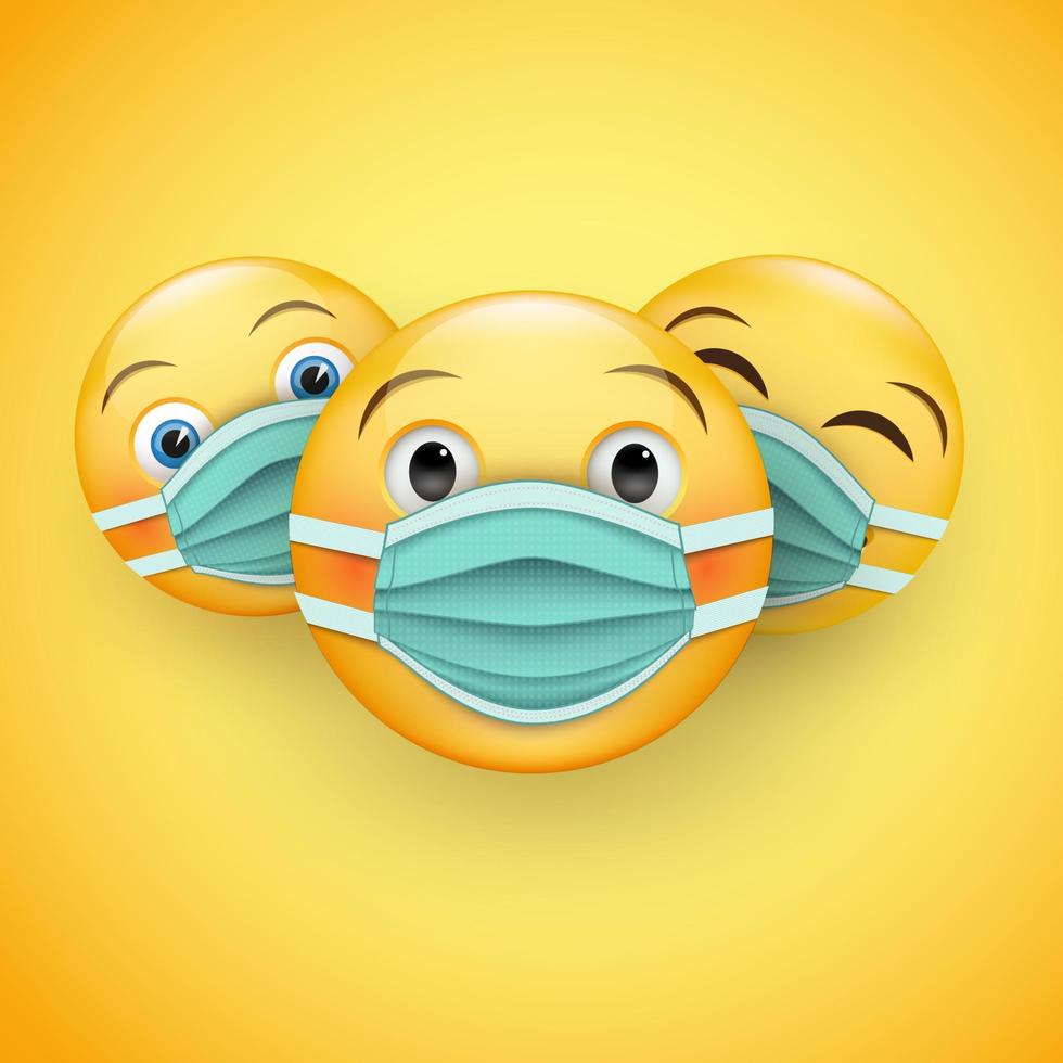 sea responsable y esté protegido: varios emoticonos amarillos 3d en máscaras médicas. use una máscara médica para prevenir la propagación de la enfermedad. ilustración vectorial vector