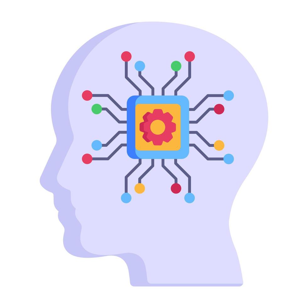 Head with microprocessor chip, concept of brain chip flat icon vector