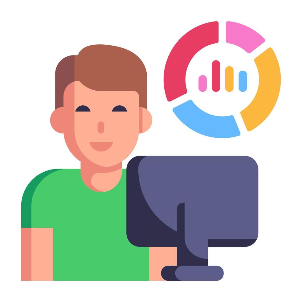 Person monitoring online chart, flat icon of data analyst vector