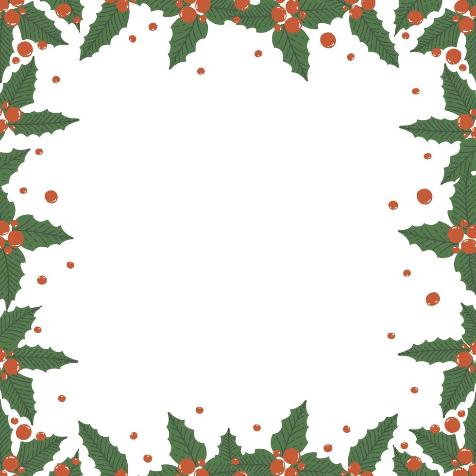 Frame from holly leaves and berries isolated on white background with space for text. Vector illustration for Christmas holiday in cartoon style