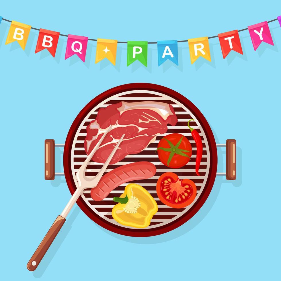 Portable round barbecue with grill sausage, beef steak, fried meat vegetables isolated on background. BBQ device for picnic, family party. Barbeque icon. Cookout event concept Vector flat illustration