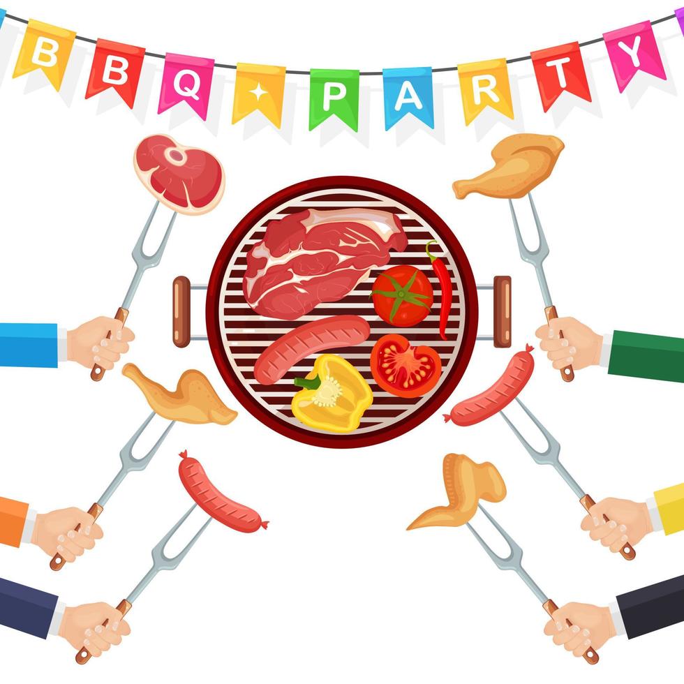 Portable round barbecue with grill sausage, beef steak, fried chicken, meat vegetables isolated on background. BBQ picnic, family party. Barbeque icon. Cookout event concept Vector flat illustration