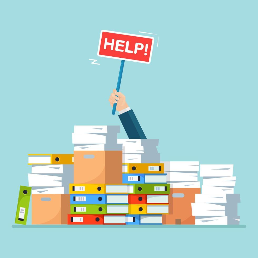 Pile of paper, document stack with carton, cardboard box. Stressed employee in heap of paperwork. Busy businessman with help sign. Bureaucracy concept. Vector cartoon design