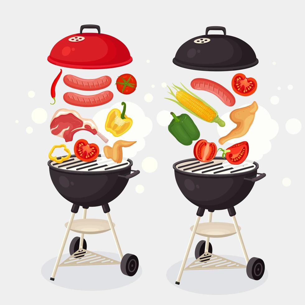 Portable round barbecue with grill sausage, beef steak, ribs, fried chicken ham, wings meat vegetables isolated on background. BBQ picnic, family party. Barbeque icon. Cookout event Vector flat design